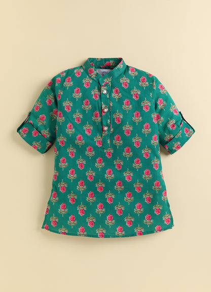 Boys Pure Cotton Woven Bright Floral Jaipuri Printed Full Sleeve Kurta and Pajama Ethnic Set - Green