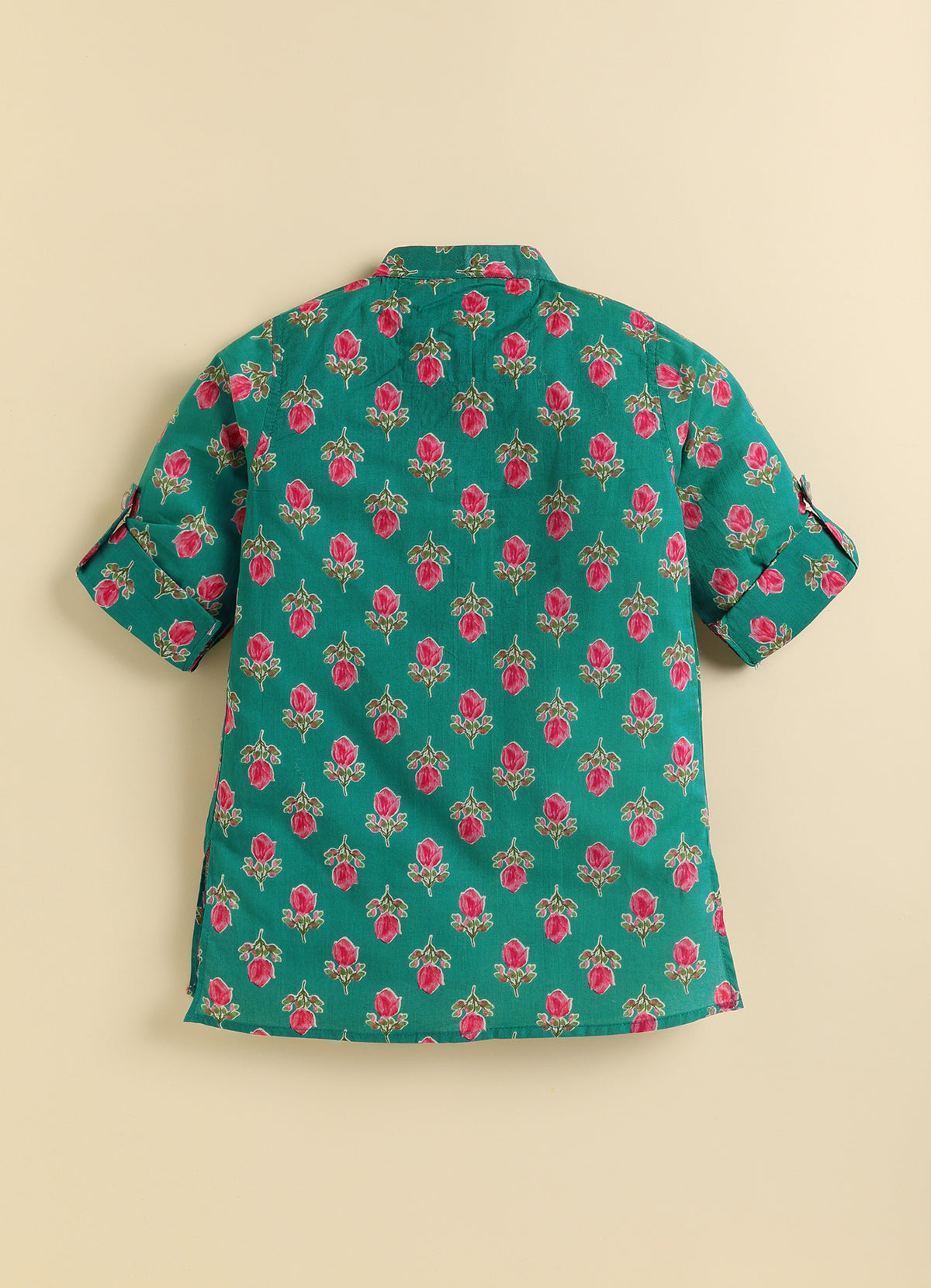 Boys Pure Cotton Woven Bright Floral Jaipuri Printed Full Sleeve Kurta and Pajama Ethnic Set - Green
