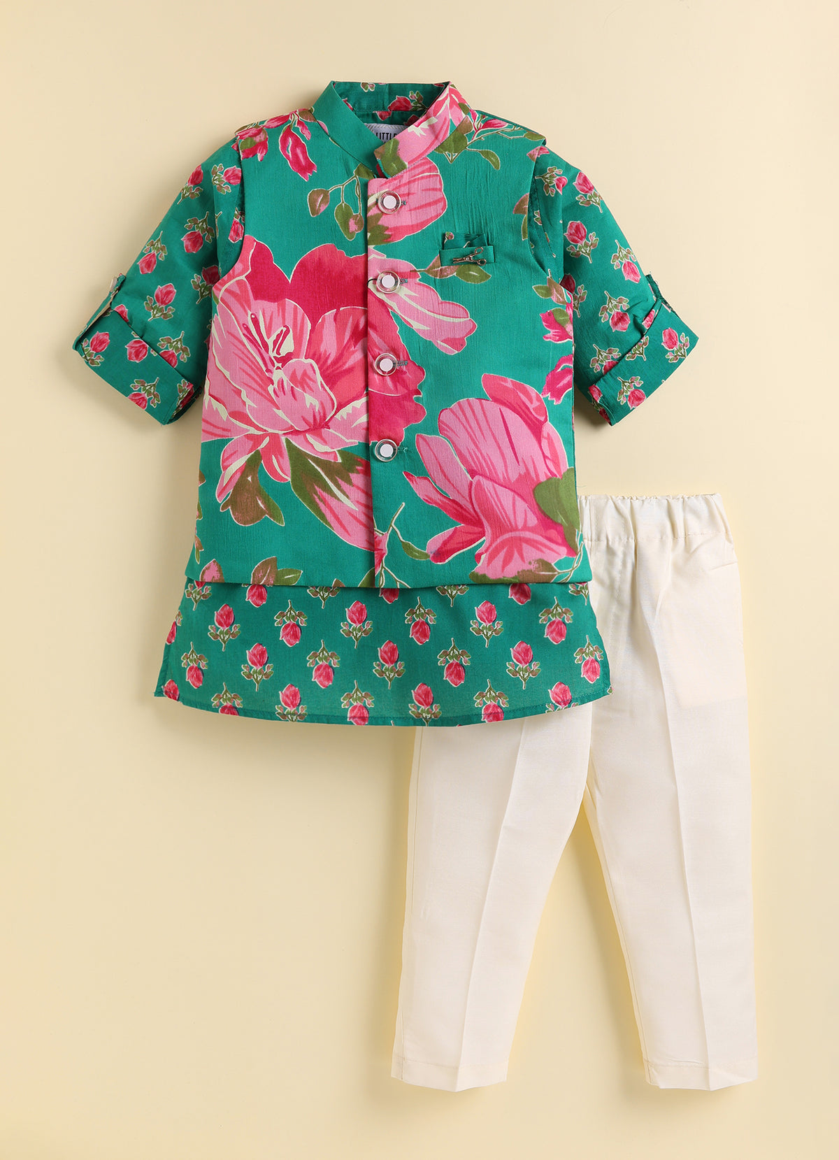 Boys Pure Cotton Woven Bright Floral Jaipuri Printed Full Sleeve Kurta and Pajama Ethnic Set - Green