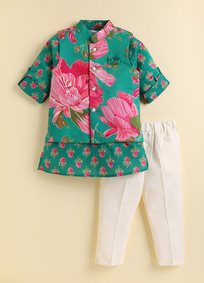 Boys Pure Cotton Woven Bright Floral Jaipuri Printed Full Sleeve Kurta and Pajama Ethnic Set - Green