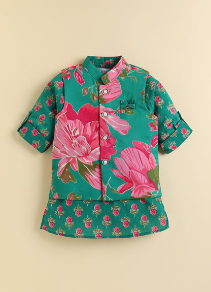 Boys Pure Cotton Woven Bright Floral Jaipuri Printed Full Sleeve Kurta and Pajama Ethnic Set - Green