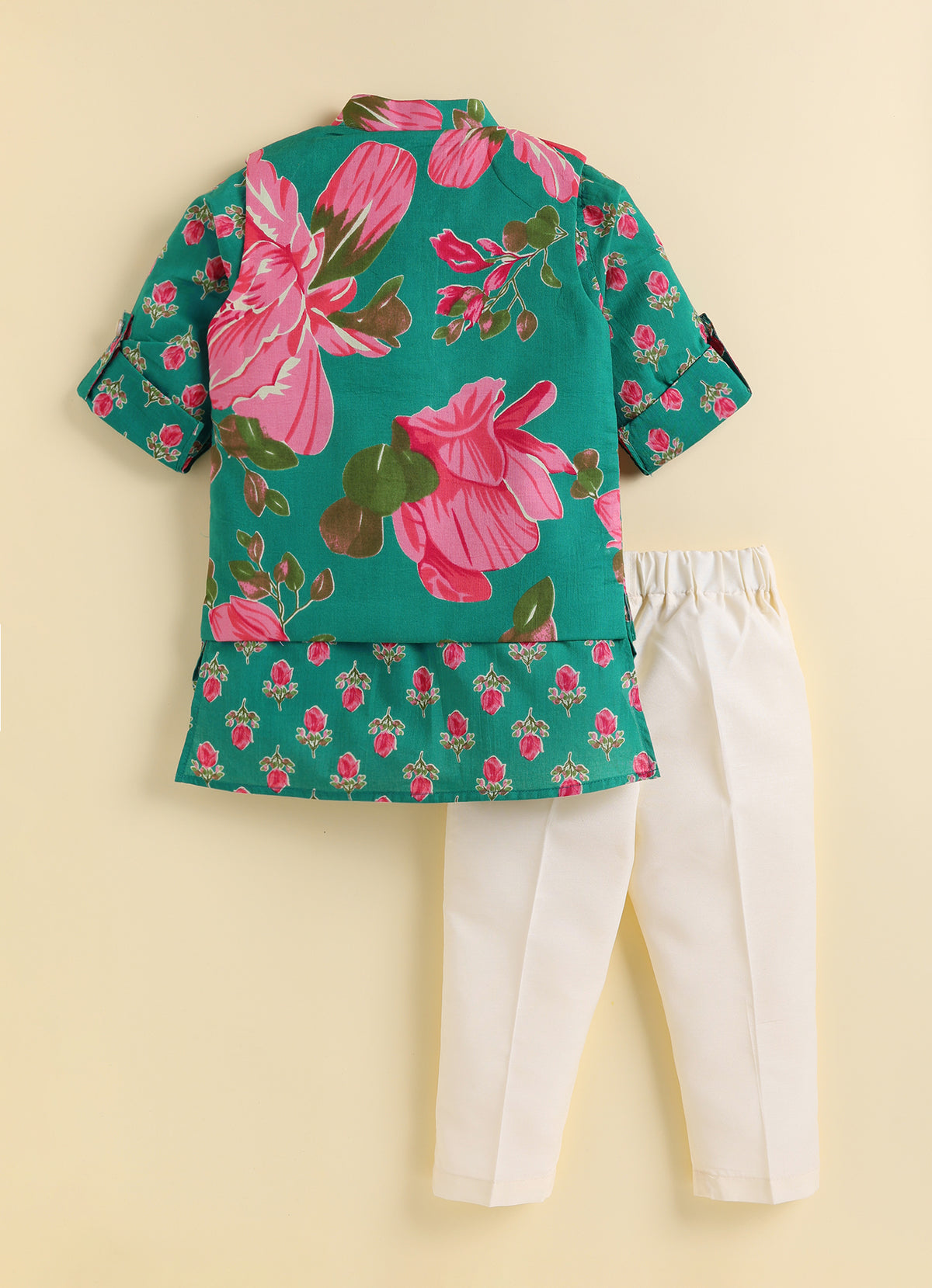 Boys Pure Cotton Woven Bright Floral Jaipuri Printed Full Sleeve Kurta and Pajama Ethnic Set - Green