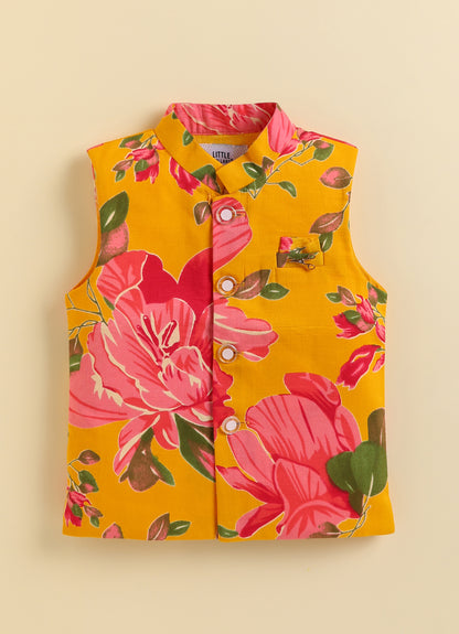Pure Cotton Woven Bright Floral Jaipuri Printed Full Sleeve Kurta and Pajama Ethnic Set - Mustard