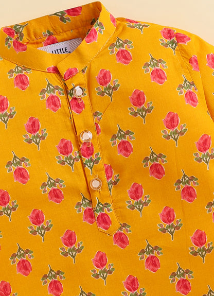 Pure Cotton Woven Bright Floral Jaipuri Printed Full Sleeve Kurta and Pajama Ethnic Set - Mustard
