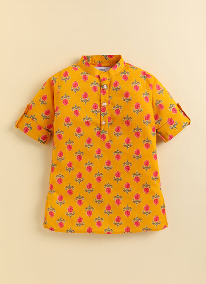 Pure Cotton Woven Bright Floral Jaipuri Printed Full Sleeve Kurta and Pajama Ethnic Set - Mustard
