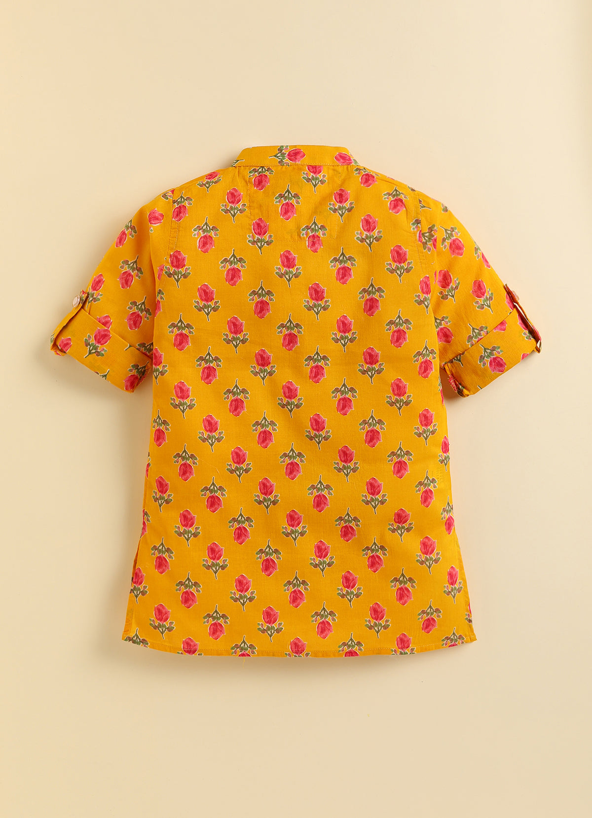 Pure Cotton Woven Bright Floral Jaipuri Printed Full Sleeve Kurta and Pajama Ethnic Set - Mustard
