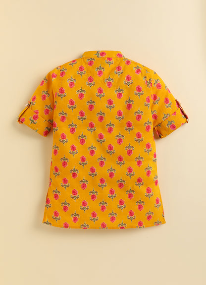 Pure Cotton Woven Bright Floral Jaipuri Printed Full Sleeve Kurta and Pajama Ethnic Set - Mustard