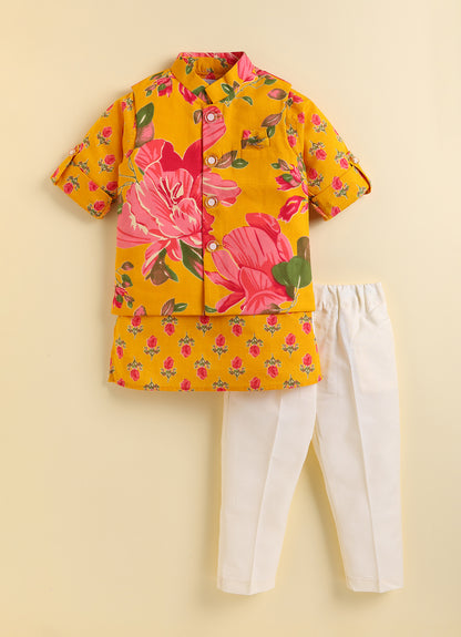 Pure Cotton Woven Bright Floral Jaipuri Printed Full Sleeve Kurta and Pajama Ethnic Set - Mustard