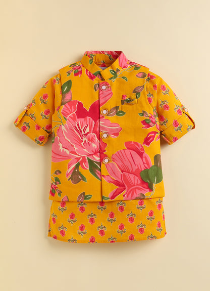 Pure Cotton Woven Bright Floral Jaipuri Printed Full Sleeve Kurta and Pajama Ethnic Set - Mustard