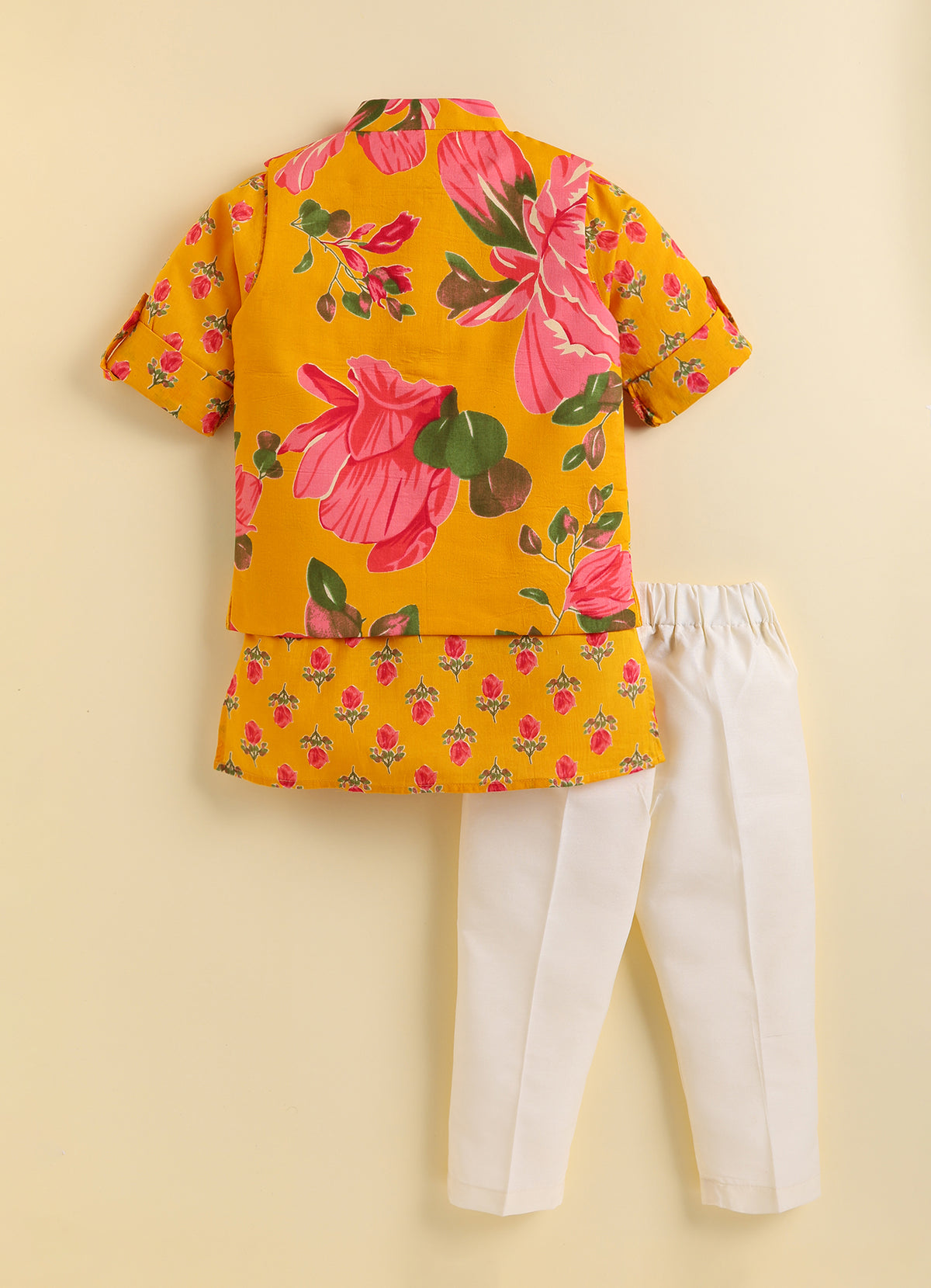 Pure Cotton Woven Bright Floral Jaipuri Printed Full Sleeve Kurta and Pajama Ethnic Set - Mustard