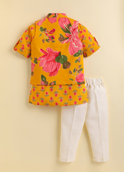 Pure Cotton Woven Bright Floral Jaipuri Printed Full Sleeve Kurta and Pajama Ethnic Set - Mustard