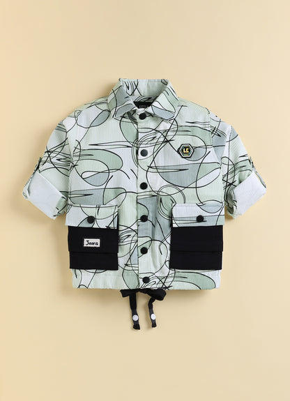 Boys Casual Knitted Full Sleeves All over Printed Airport Look Coord Casual Set- Green