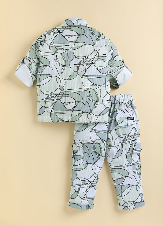 Boys Casual Knitted Full Sleeves All over Printed Airport Look Coord Casual Set- Green