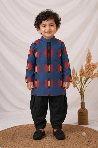 Boys 100% Pure Cotton Jaipuri Print Full Sleeve Patiala Ethnic Set with Handwork Detailing on Box - BLUE