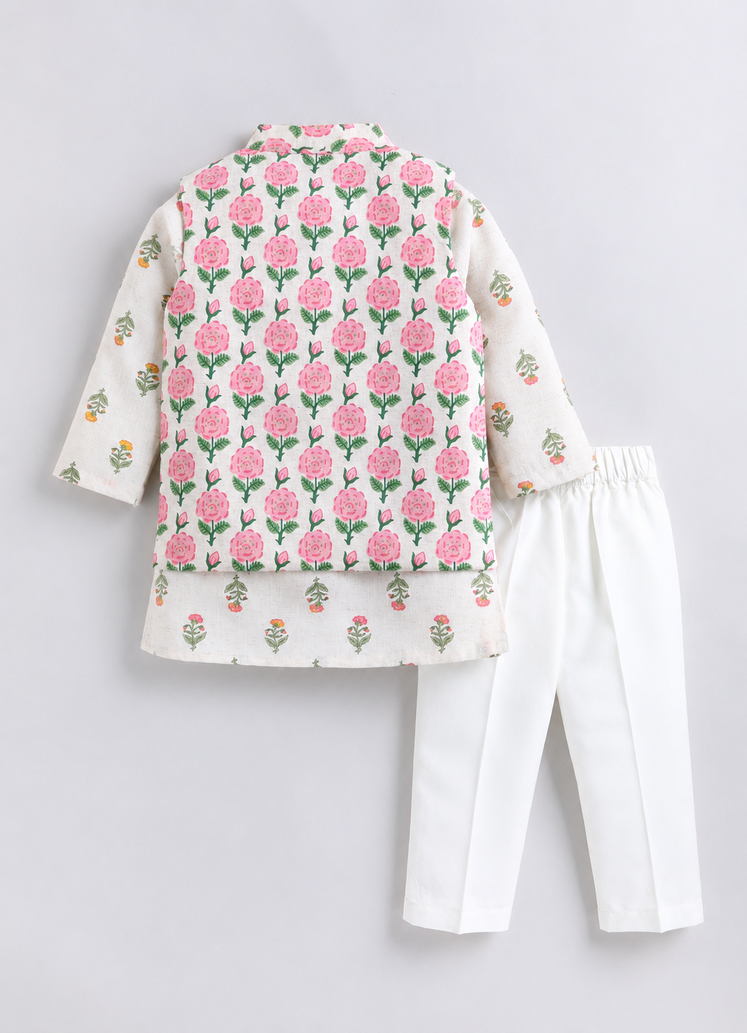 Boys Linen Blend Floral Printed Nehru Jacket, Full Sleeve Kurta and Pajama Ethnic Set - Pink