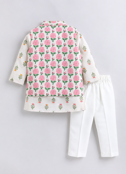 Boys Linen Blend Floral Printed Nehru Jacket, Full Sleeve Kurta and Pajama Ethnic Set - Pink