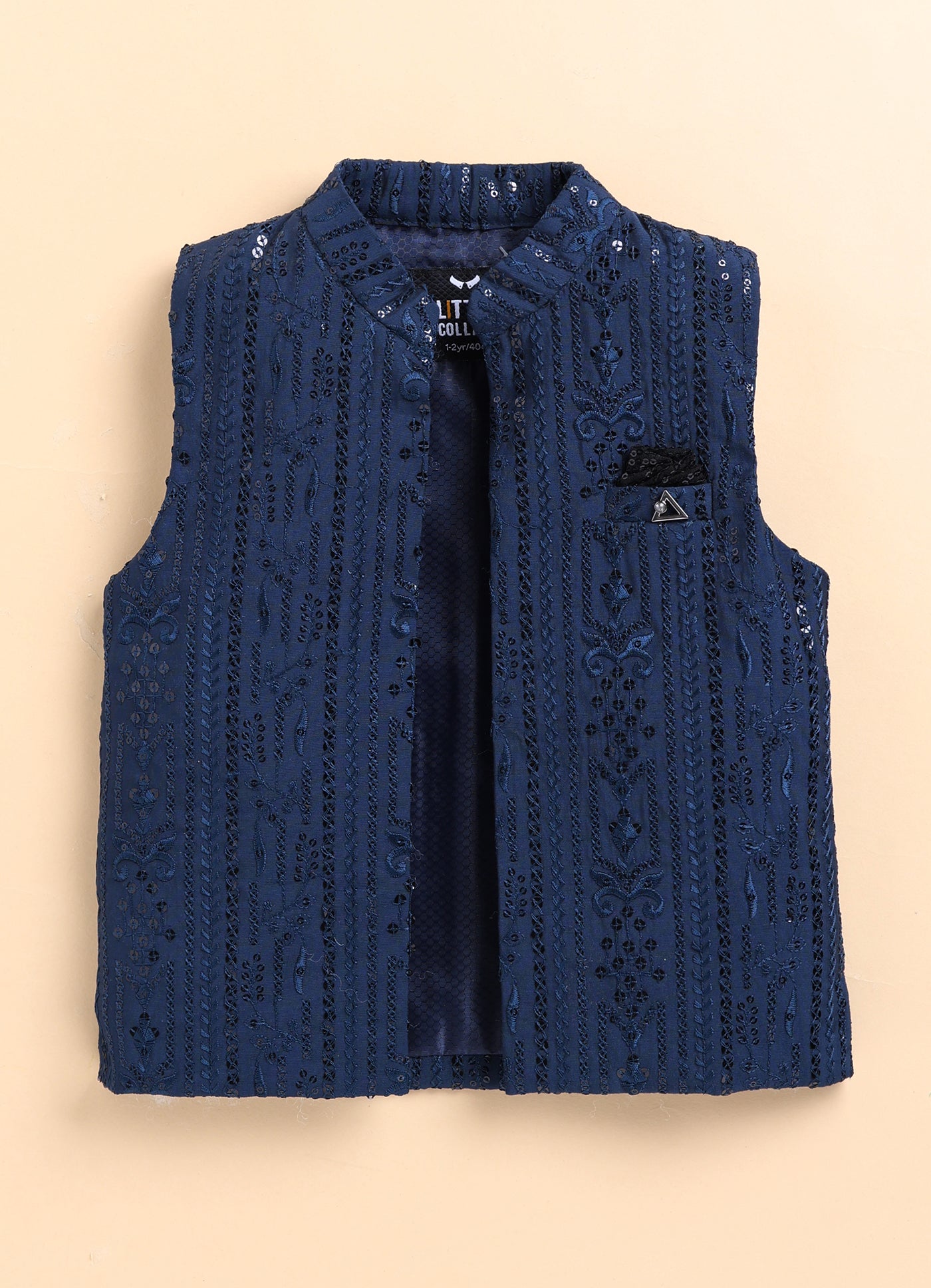 Silk Blend Woven Full Sleeves Pack of 4 Solid Kurta Pyjama With Sequin Embroidered Open Jacket and Brooch Pin Ethnic Set- Blue