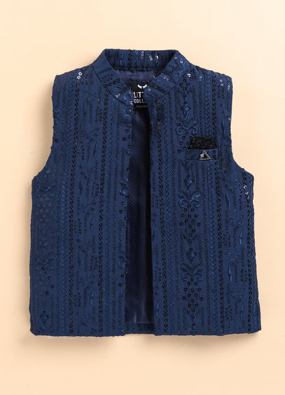 Silk Blend Woven Full Sleeves Pack of 4 Solid Kurta Pyjama With Sequin Embroidered Open Jacket and Brooch Pin Ethnic Set- Blue