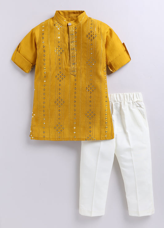 Silk Blended Woven Full Sleeves Pack of 2 Solid Embellished Kurta Pajama Ethnic Set- Mustard
