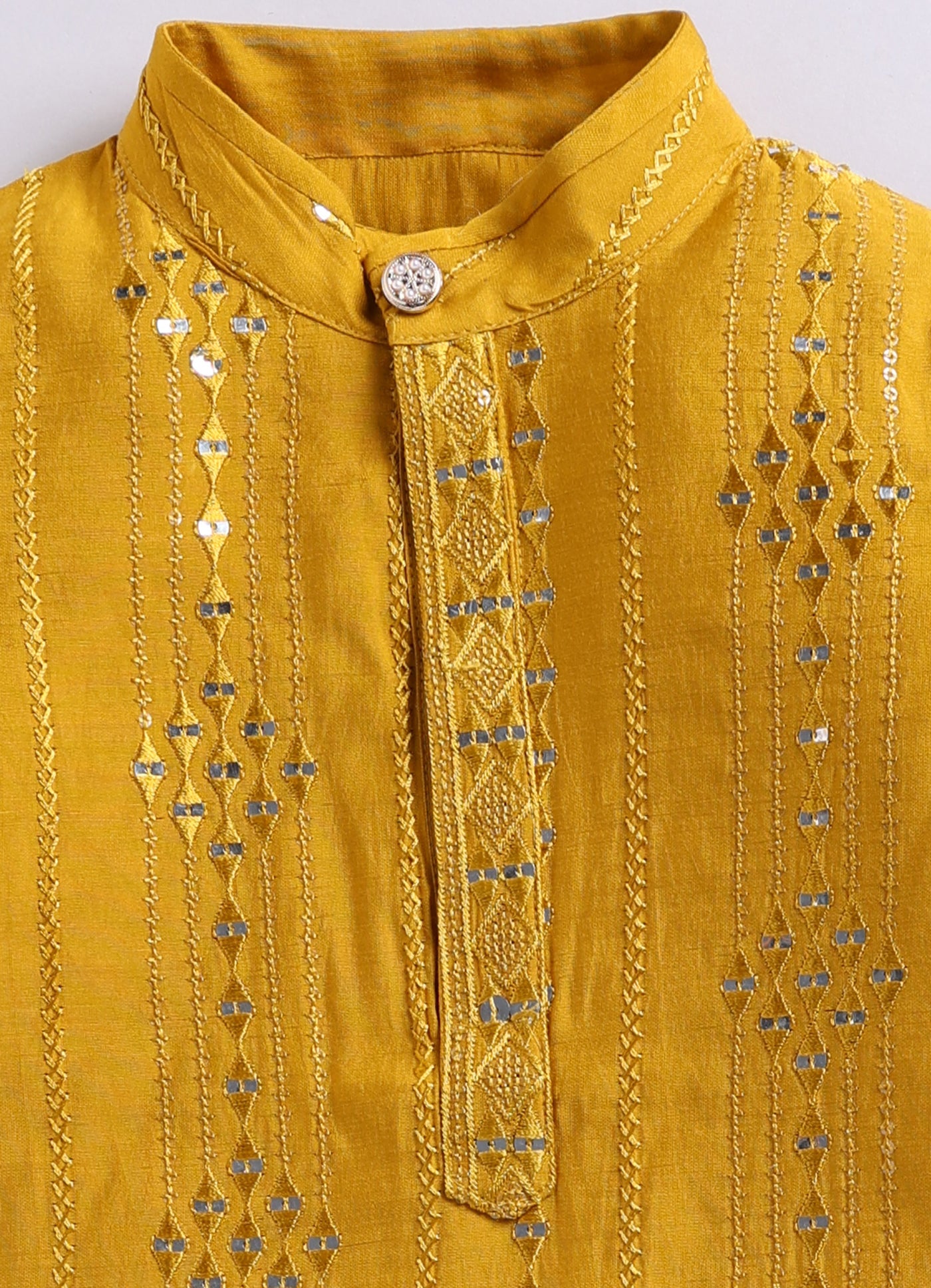 Silk Blended Woven Full Sleeves Pack of 2 Solid Embellished Kurta Pajama Ethnic Set- Mustard