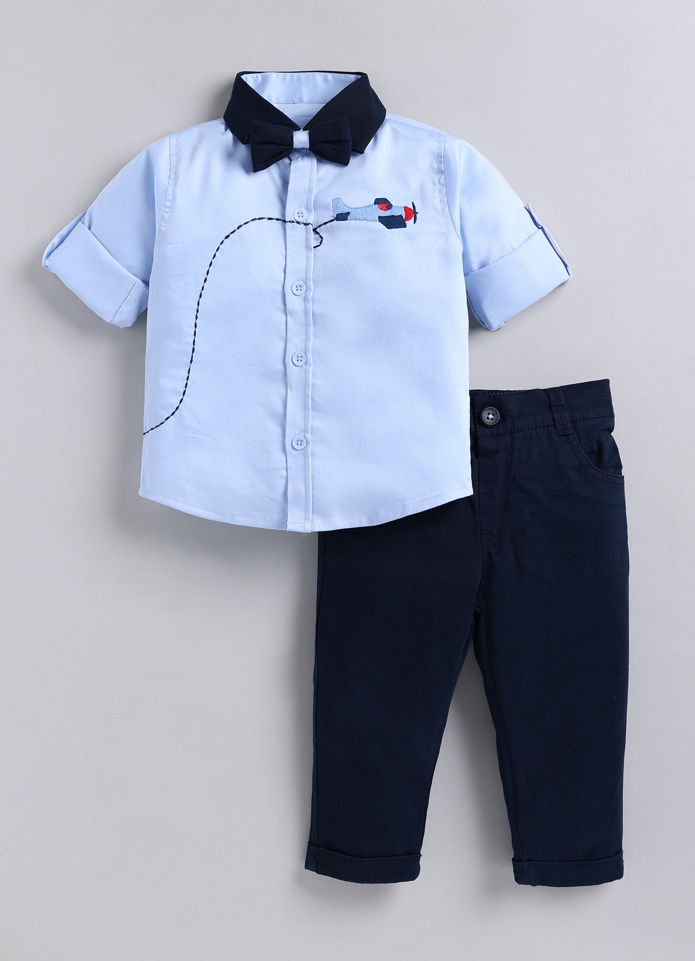Boys Cotton Satin Checks Woven Aeroplane Embroidered Full Sleeves Shirt Pant with Bow Set- Sky