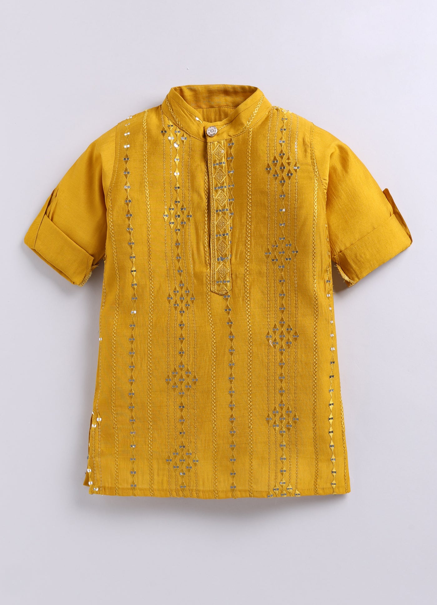 Silk Blended Woven Full Sleeves Pack of 2 Solid Embellished Kurta Pajama Ethnic Set- Mustard