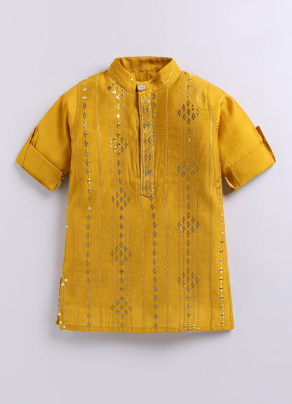 Silk Blended Woven Full Sleeves Pack of 2 Solid Embellished Kurta Pajama Ethnic Set- Mustard