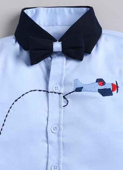 Boys Cotton Satin Checks Woven Aeroplane Embroidered Full Sleeves Shirt Pant with Bow Set- Sky