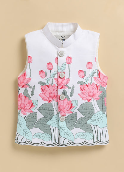 Boys Blended Cotton Lotus Blossom Printed Nehru Jacket, Kurta Pajama Set, Festive Wear Ethnic Set- Pink