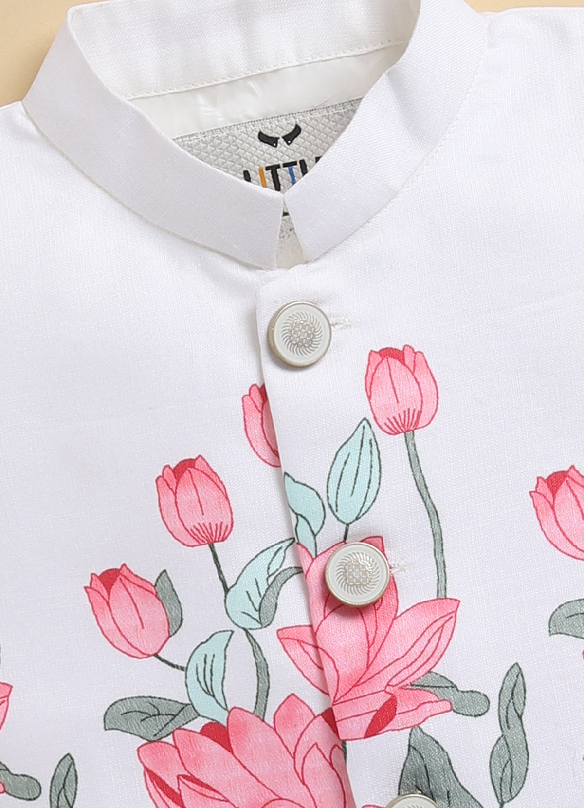 Boys Blended Cotton Lotus Blossom Printed Nehru Jacket, Kurta Pajama Set, Festive Wear Ethnic Set- Pink