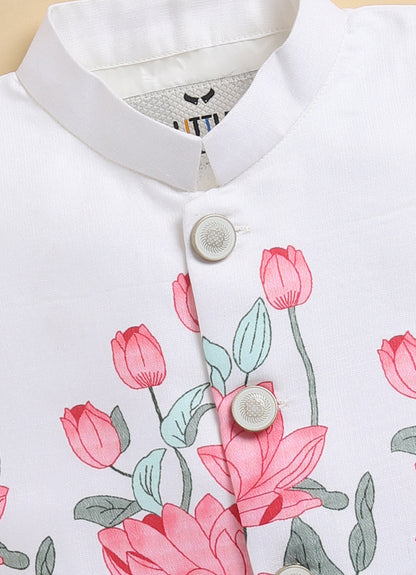 Boys Blended Cotton Lotus Blossom Printed Nehru Jacket, Kurta Pajama Set, Festive Wear Ethnic Set- Pink