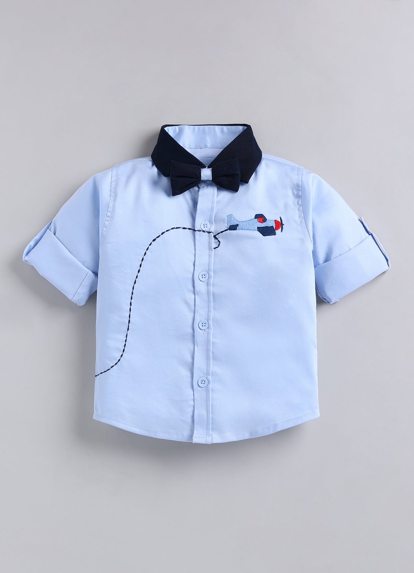 Boys Cotton Satin Checks Woven Aeroplane Embroidered Full Sleeves Shirt Pant with Bow Set- Sky