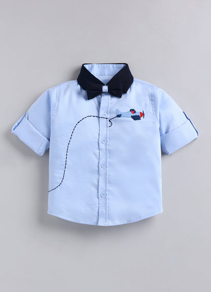 Boys Cotton Satin Checks Woven Aeroplane Embroidered Full Sleeves Shirt Pant with Bow Set- Sky