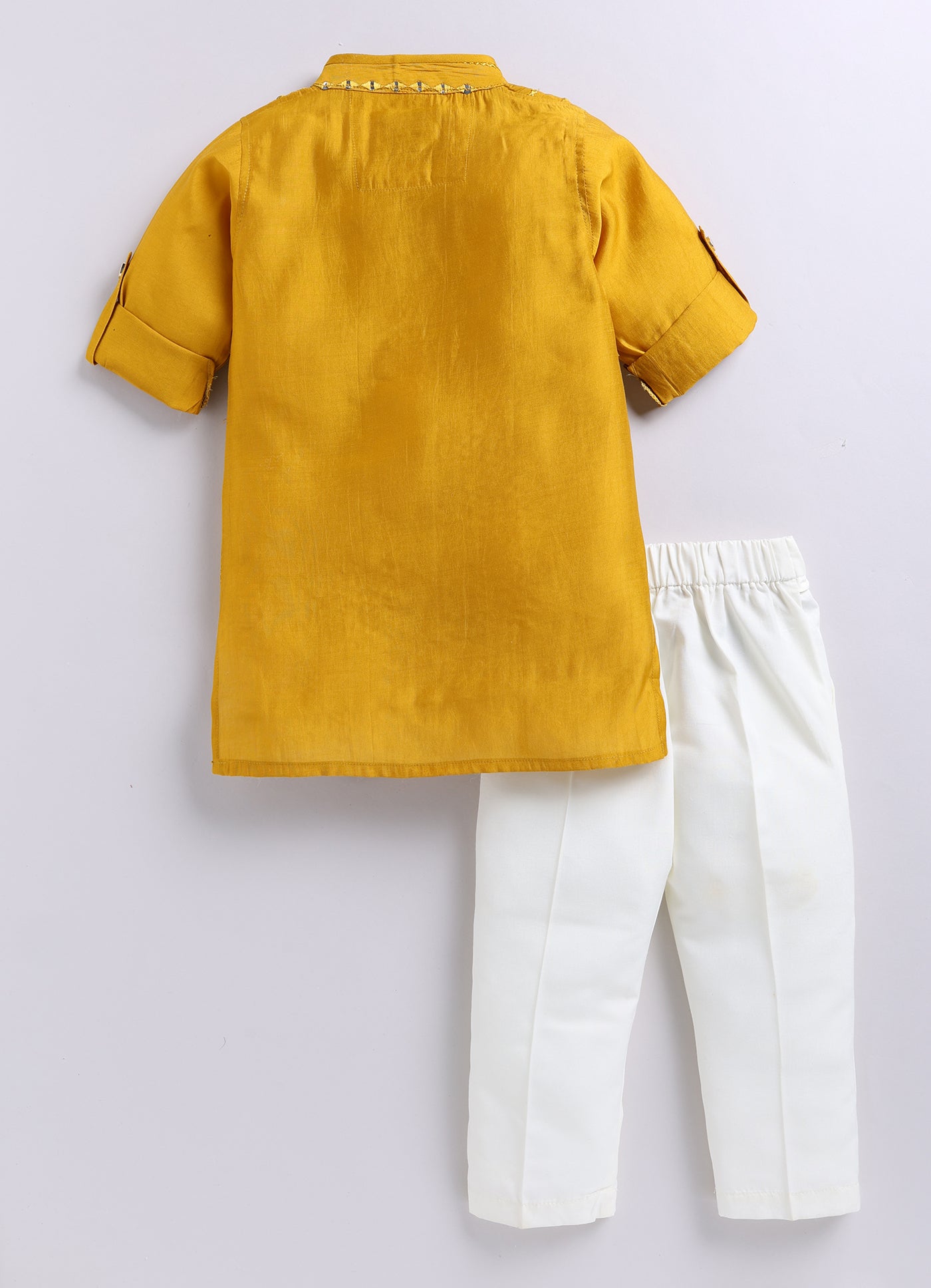 Silk Blended Woven Full Sleeves Pack of 2 Solid Embellished Kurta Pajama Ethnic Set- Mustard