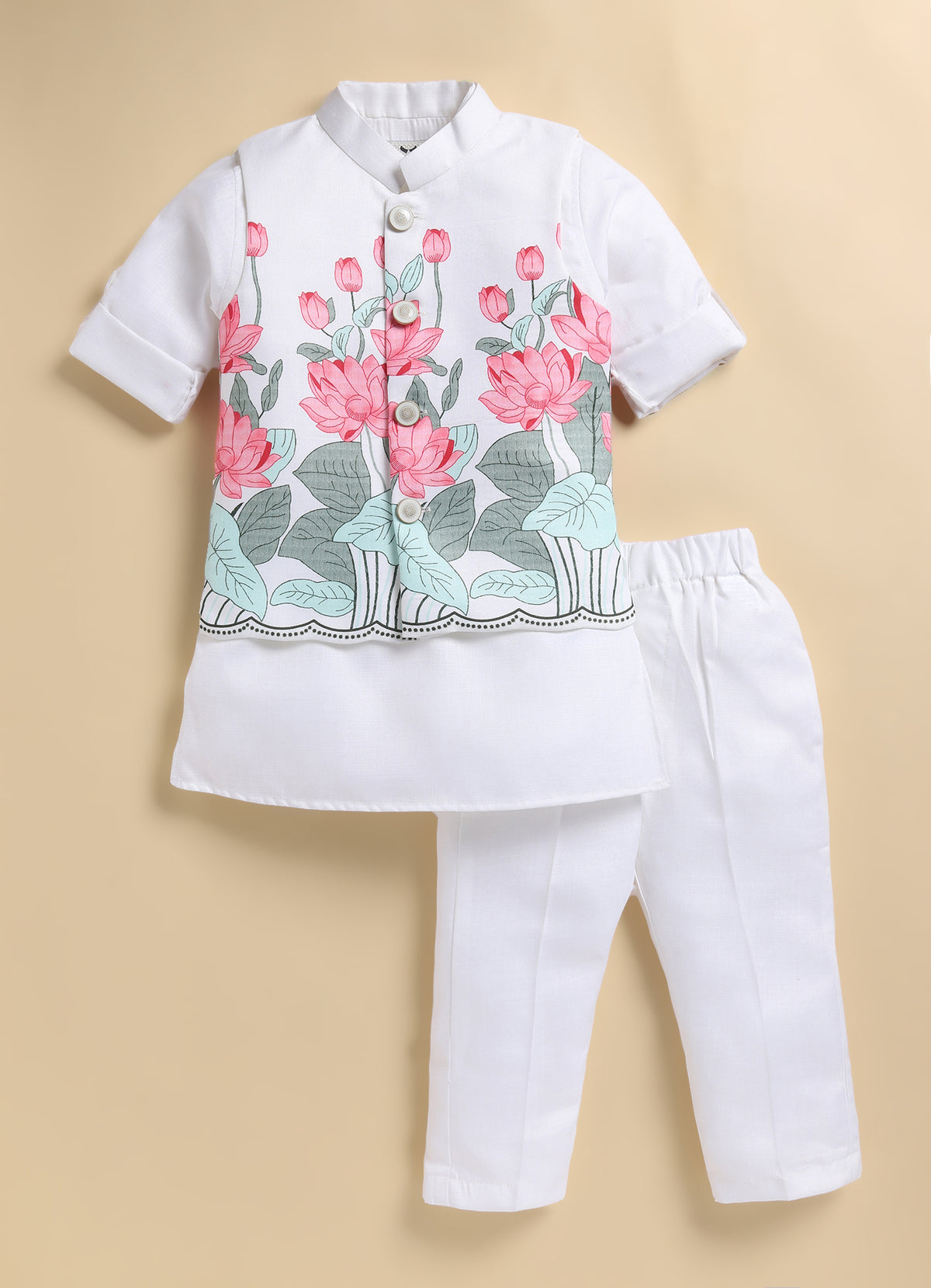 Boys Blended Cotton Lotus Blossom Printed Nehru Jacket, Kurta Pajama Set, Festive Wear Ethnic Set- Pink