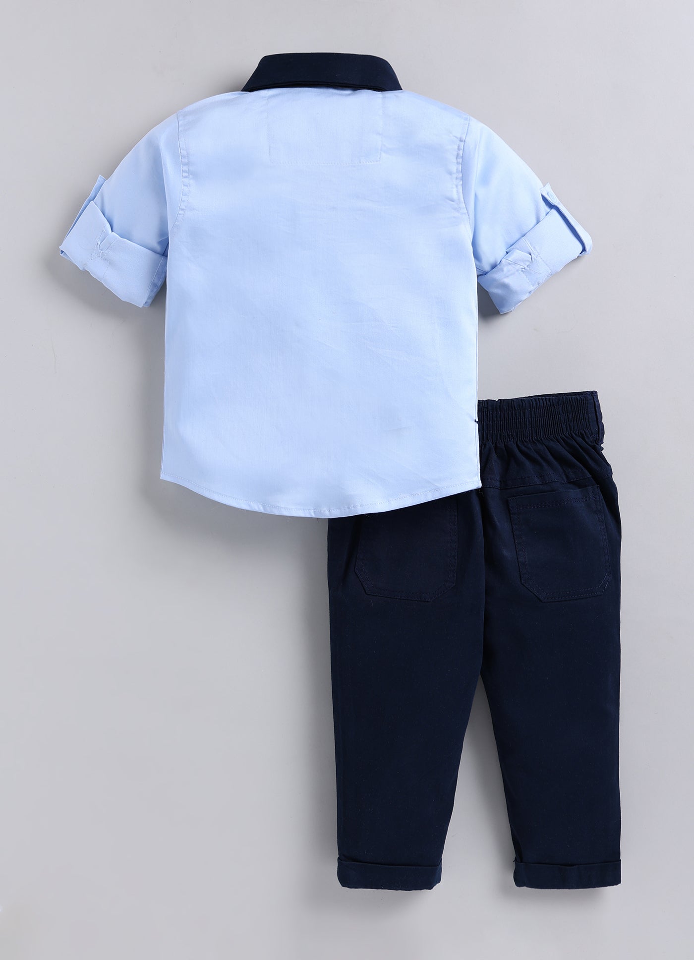 Boys Cotton Satin Checks Woven Aeroplane Embroidered Full Sleeves Shirt Pant with Bow Set- Sky