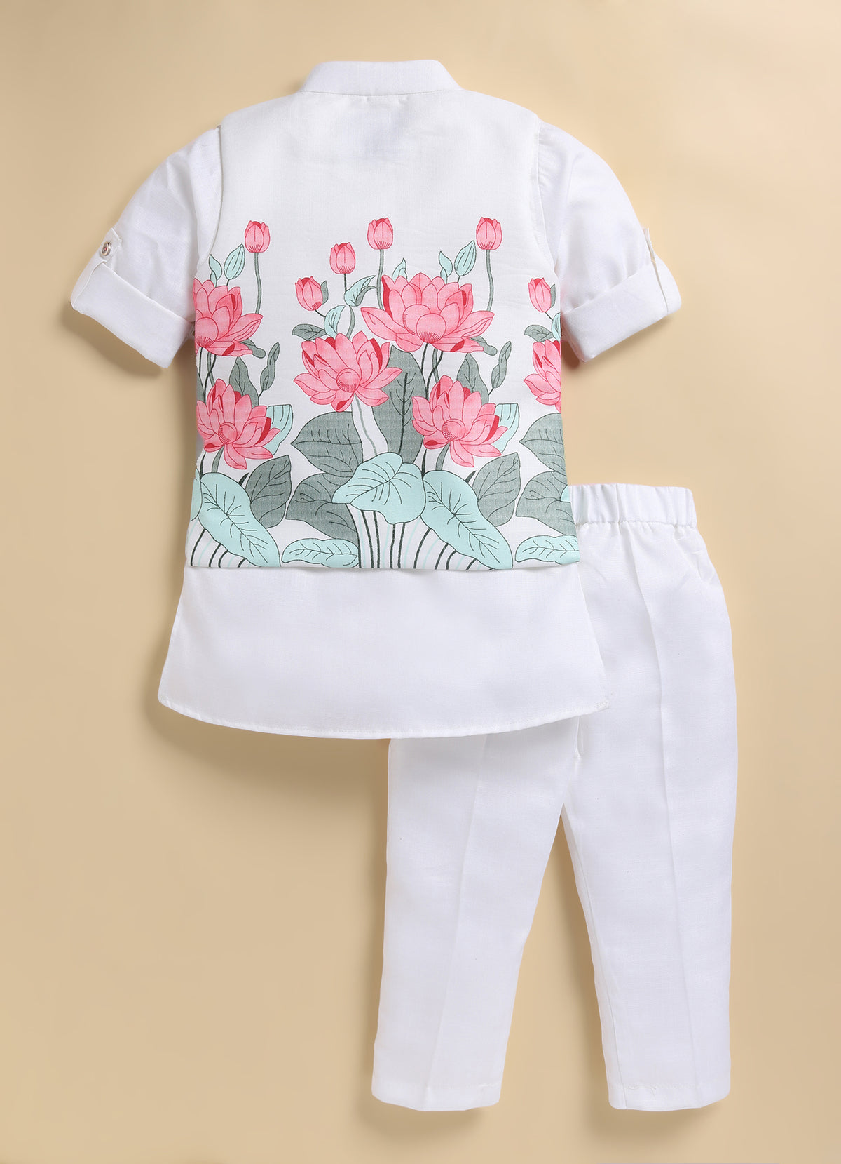 Boys Blended Cotton Lotus Blossom Printed Nehru Jacket, Kurta Pajama Set, Festive Wear Ethnic Set- Pink
