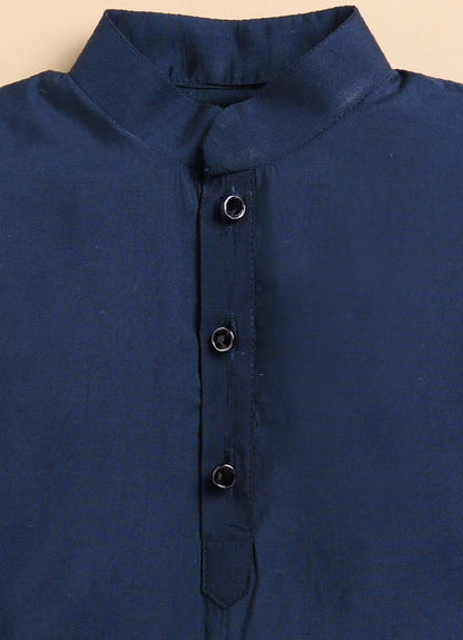 Silk Blend Woven Full Sleeves Pack of 4 Solid Kurta Pyjama With Sequin Embroidered Open Jacket and Brooch Pin Ethnic Set- Blue