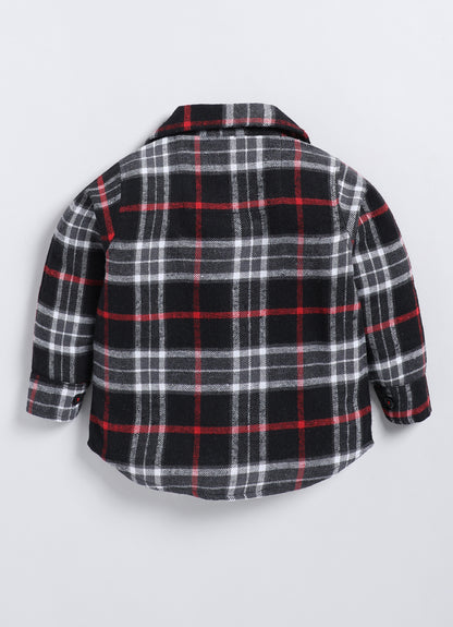 Cotton Denim Woven Full sleeved Washed Jacket with Brushed Checkered Shirt Tshirt and Trousers - Red