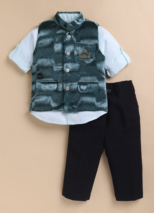 Blended Self Design Jaquard Full Sleeves Nehru Jacket Pant, Shirt with Embellished Pocket Partywear Set-  Green