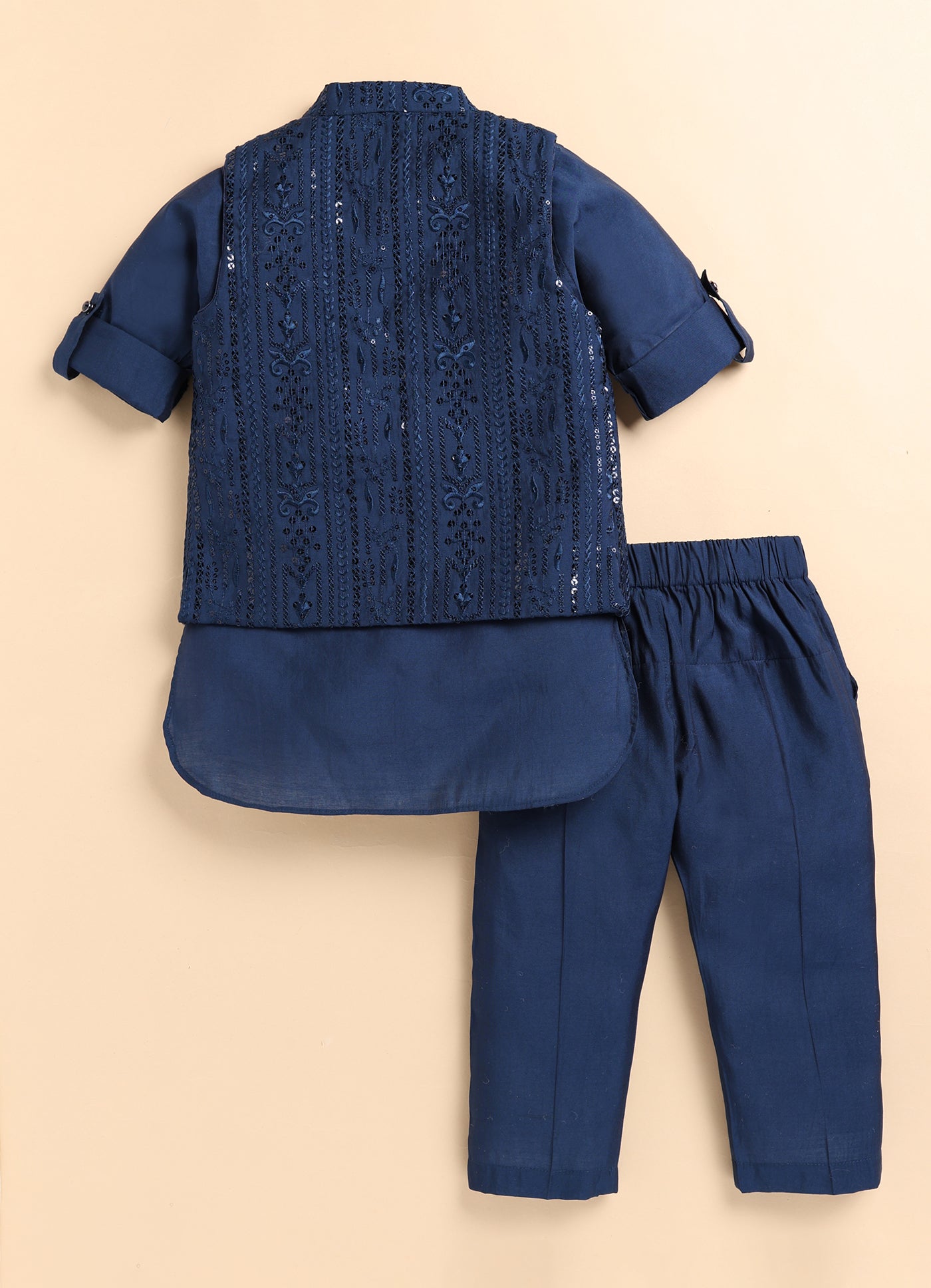 Silk Blend Woven Full Sleeves Pack of 4 Solid Kurta Pyjama With Sequin Embroidered Open Jacket and Brooch Pin Ethnic Set- Blue