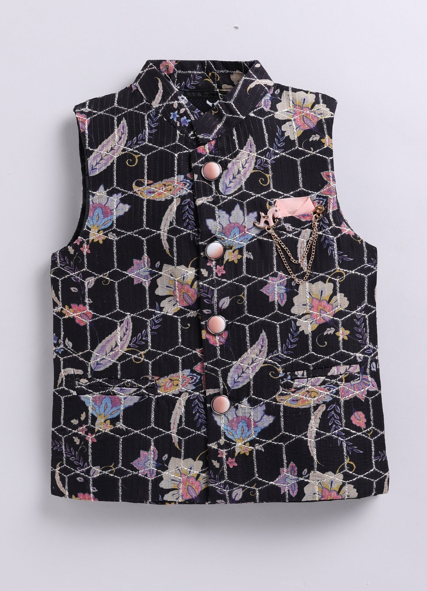 Silk Blended Floral Printed and Embroidered Full Sleeves Pack of 4 Kurta Pajama with Nehru Jacket and Brooch Pin Ethnic Set- Black
