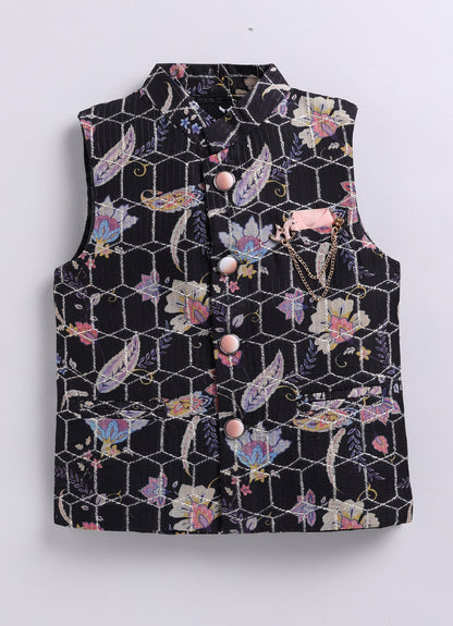 Silk Blended Floral Printed and Embroidered Full Sleeves Pack of 4 Kurta Pajama with Nehru Jacket and Brooch Pin Ethnic Set- Black