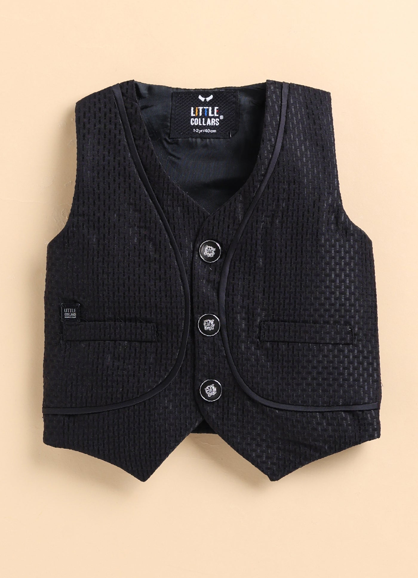 Collars Blended  Woven Full Sleeves Jaquard Waistcoat Pant with Shirt & Bow Partywear Set- Black