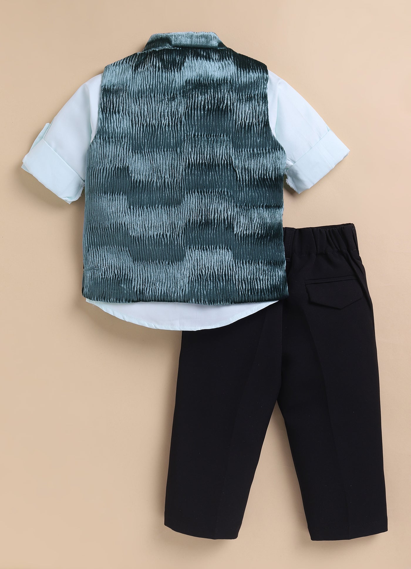 Blended Self Design Jaquard Full Sleeves Nehru Jacket Pant, Shirt with Embellished Pocket Partywear Set-  Green