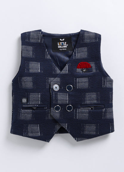 Boys Partywear Checkered Waistcoat Shirt Pant Bow Set- Navy Blue