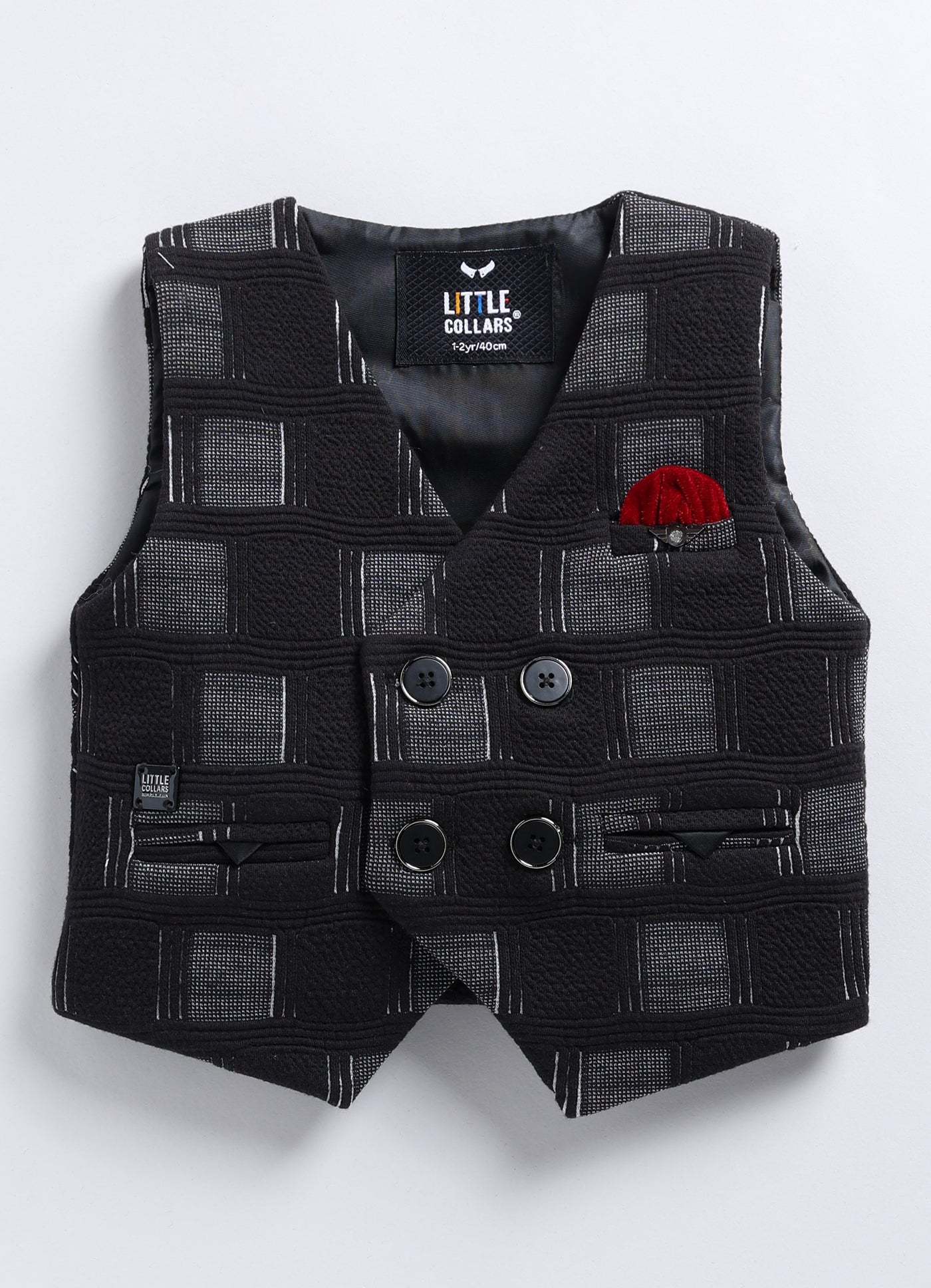 Boys Partywear Checkered Waistcoat Shirt Pant Bow Set- Black