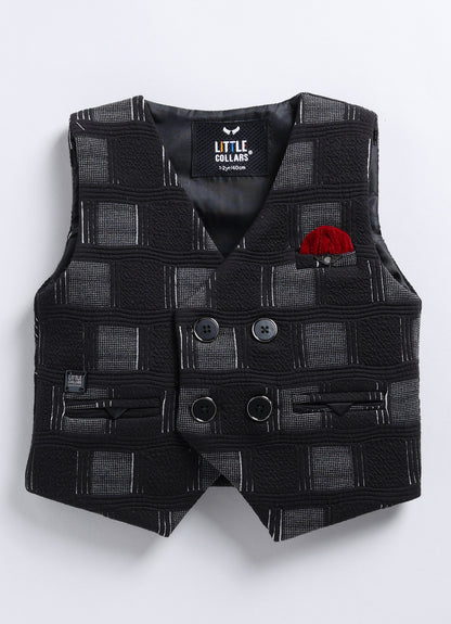 Boys Partywear Checkered Waistcoat Shirt Pant Bow Set- Black