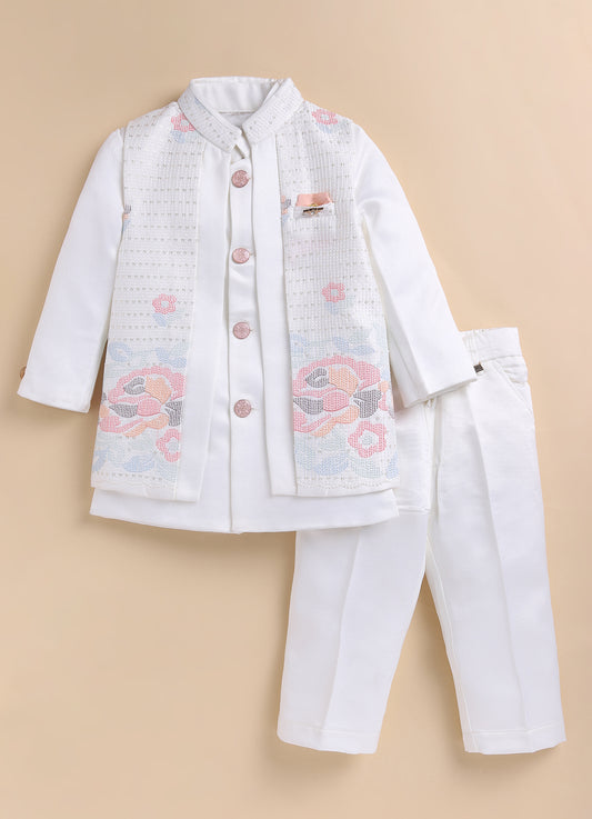 Blended Silk Full Sleeves Self Texture Achkan Bandhgala with Pants and Brooch Ethnicwear Set- White