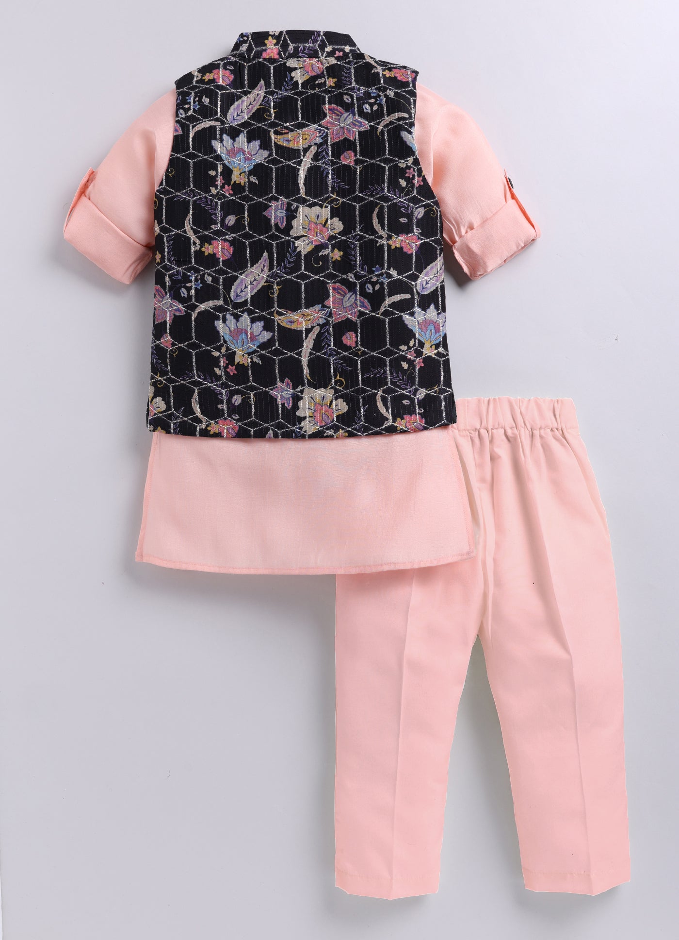 Silk Blended Floral Printed and Embroidered Full Sleeves Pack of 4 Kurta Pajama with Nehru Jacket and Brooch Pin Ethnic Set- Black